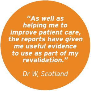 Quote from Dr, Scotland saying As well as helping me to improve patient care, the reports have given me useful evidence to use as part of my revalidation